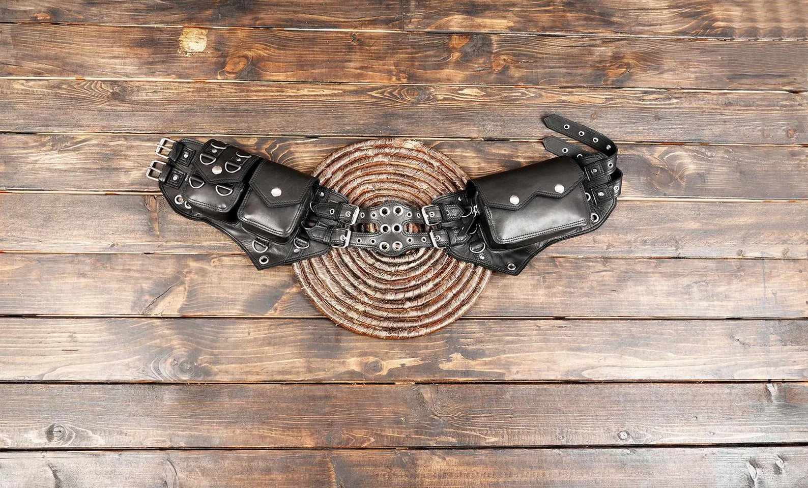 Handmade leather festival belt with adjustable side pockets