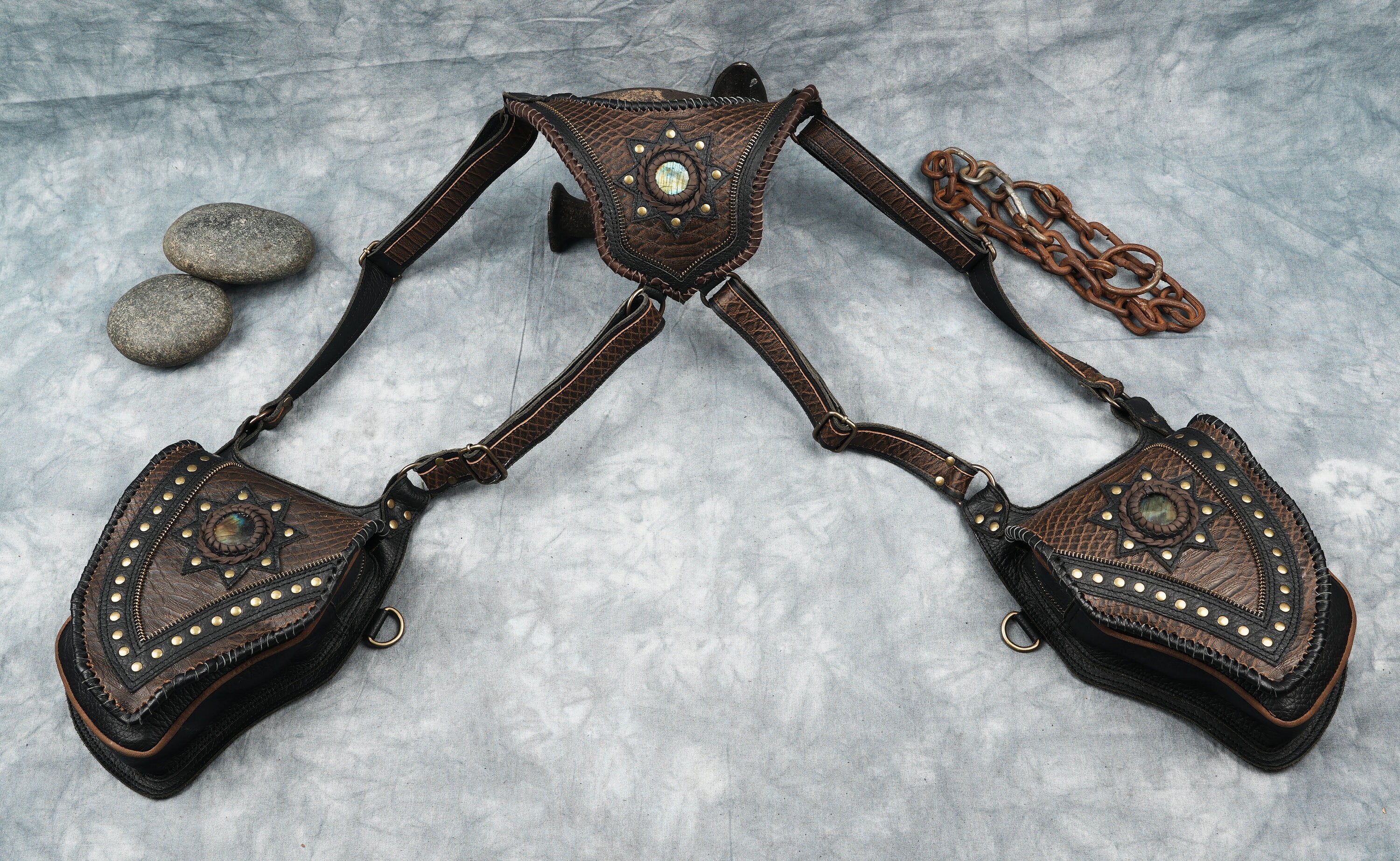 Boho style leather holster with gemstone centerpiece