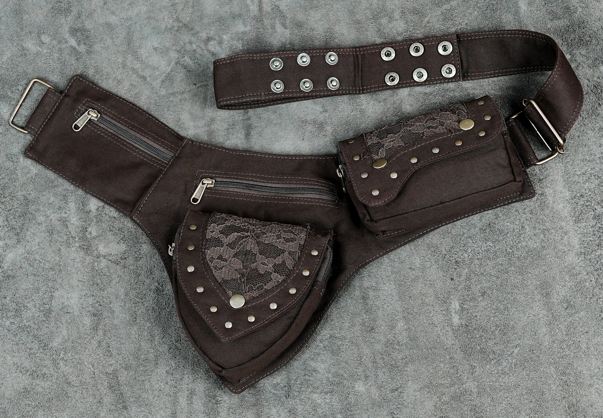 Gypsy style brown cotton utility belt with studs and lace trim