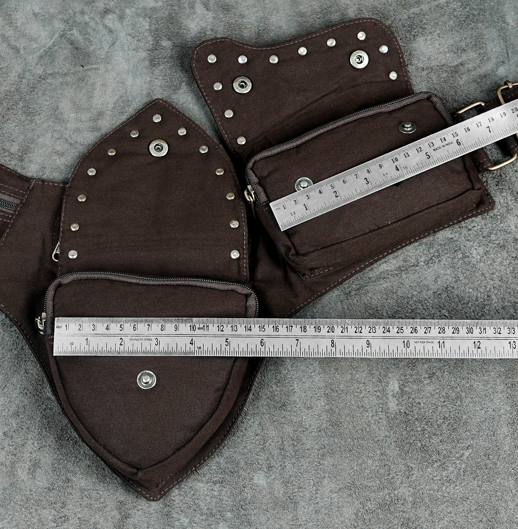 Hands-free brown cotton utility waist belt with lace pocket flaps