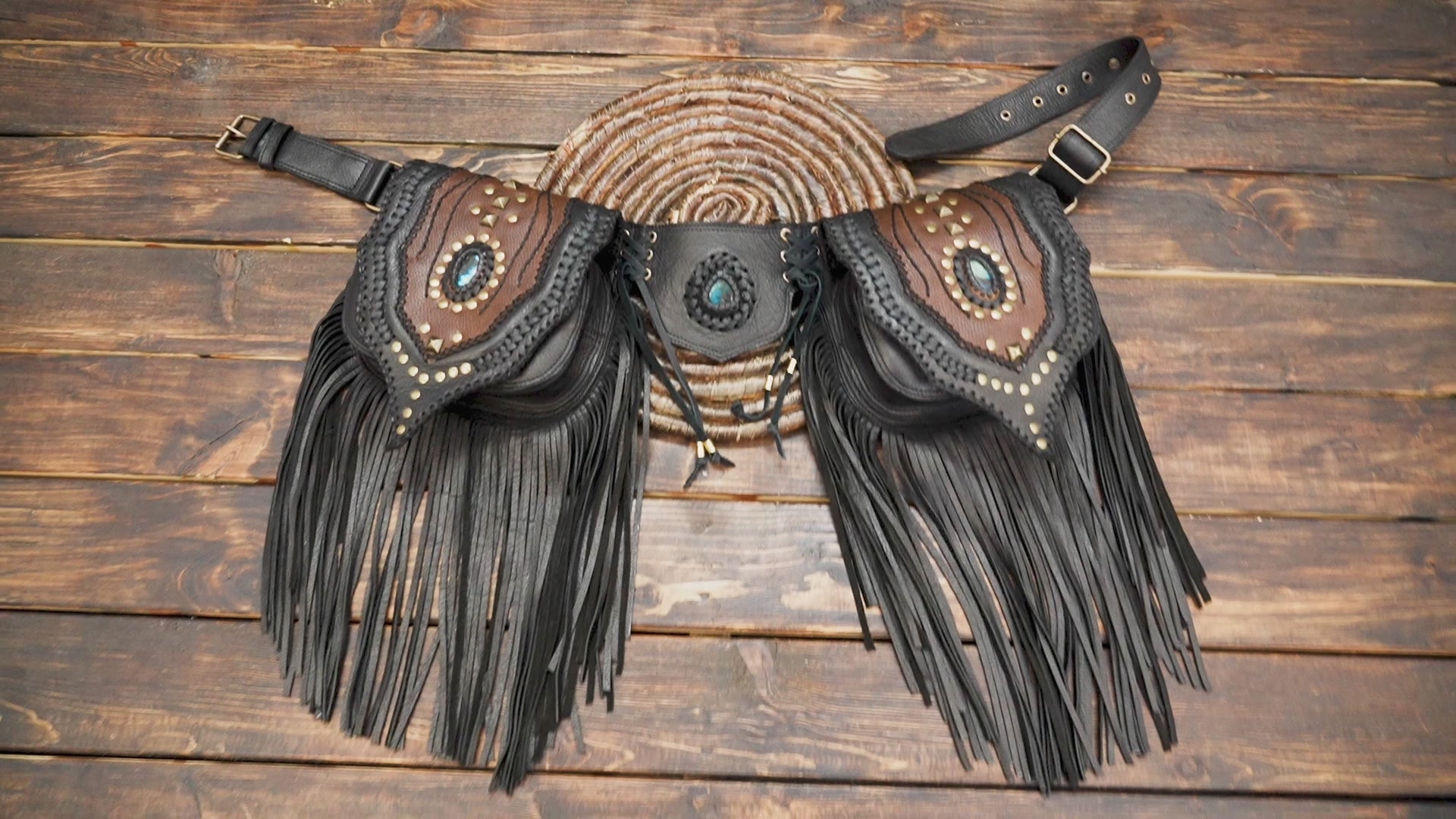 Western style leather waist belt with long fringe and decorative stone accents