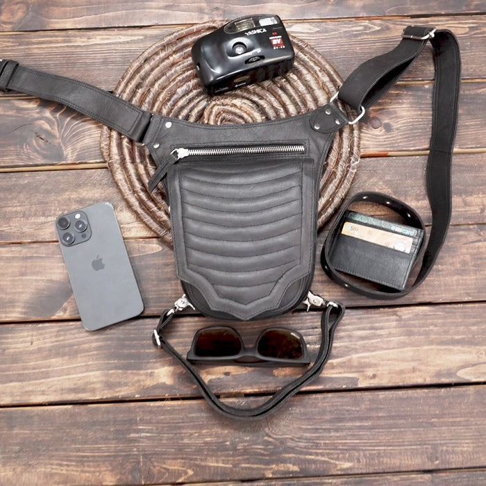 Genuine leather hip and leg belt with quilted pattern design.