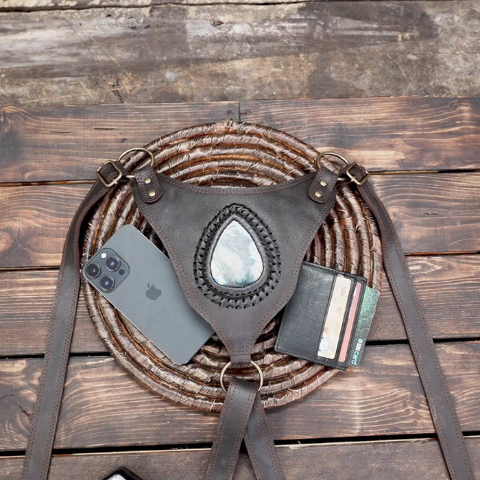 Handmade Brown Leather Holster Belt Festival Style Holster Belt with Two Pockets, Steampunk Leather Holster with Labradorite Gemstone with fit size 