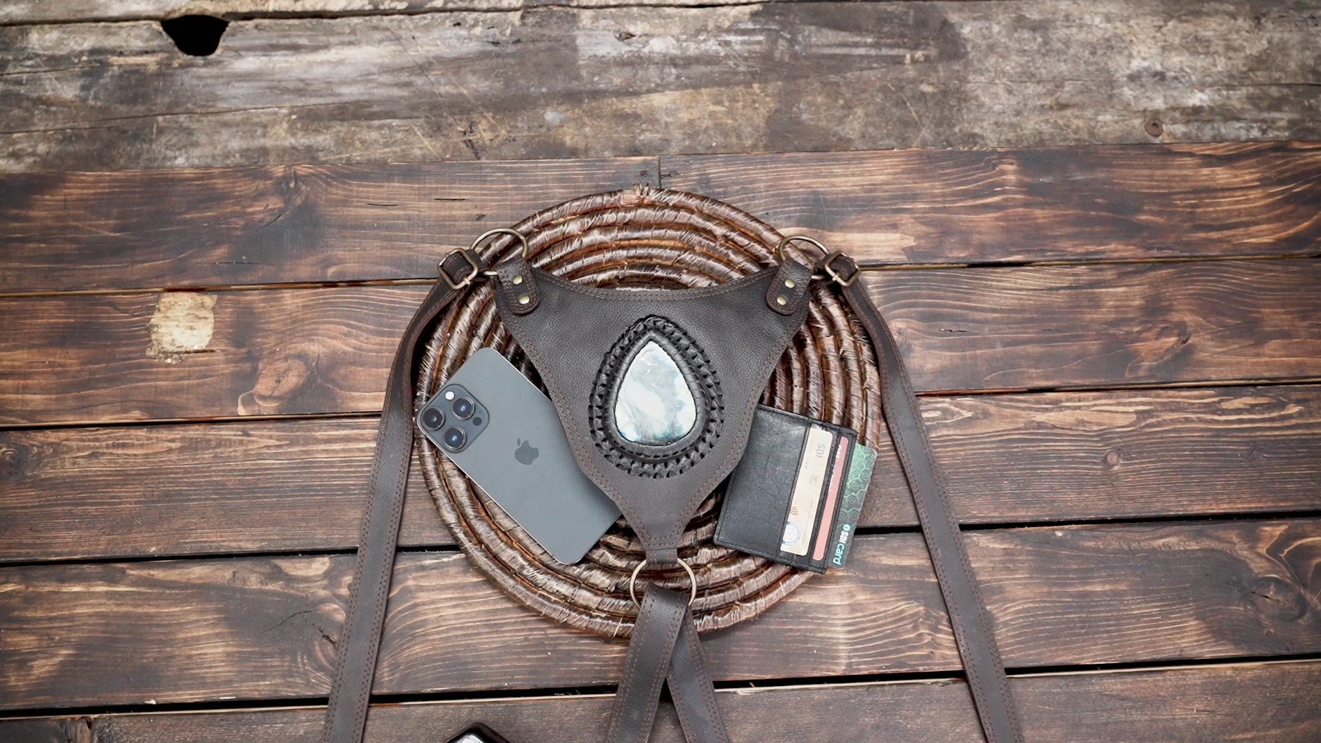 Handmade Brown Leather Holster Belt Festival Style Holster Belt with Two Pockets, Steampunk Leather Holster with Labradorite Gemstone with fit size 