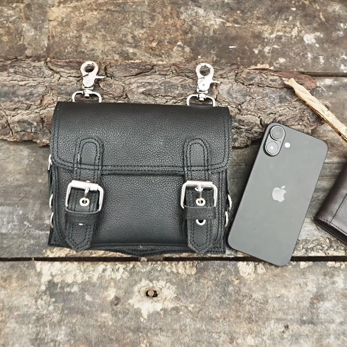 Handmade leather waist pouch with metal buckles