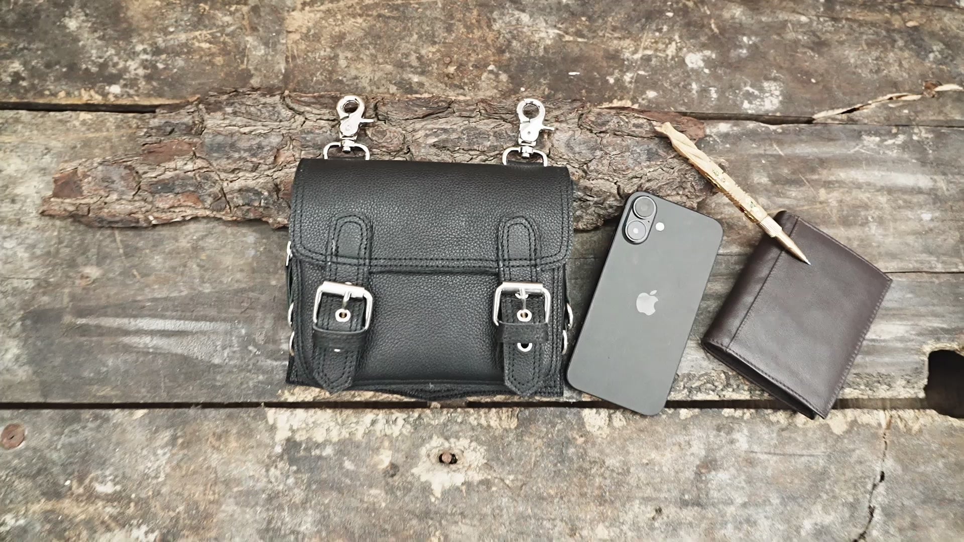 Handmade leather waist pouch with metal buckles