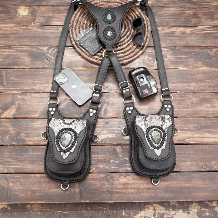 Handmade Black Leather Shoulder Holster with Stones – Gothic, Cosplay, Burning Man