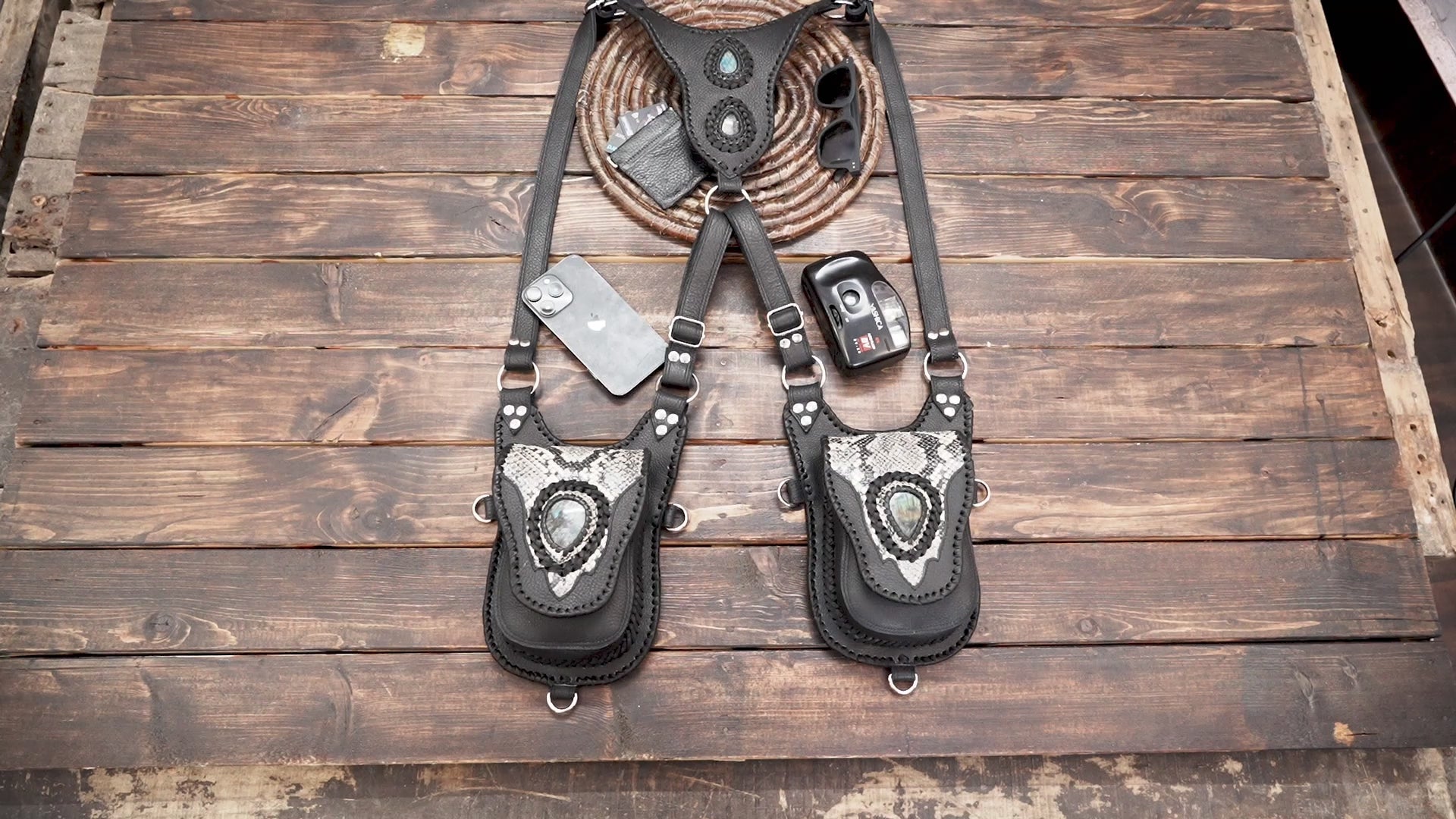 Handmade Black Leather Shoulder Holster with Stones – Gothic, Cosplay, Burning Man