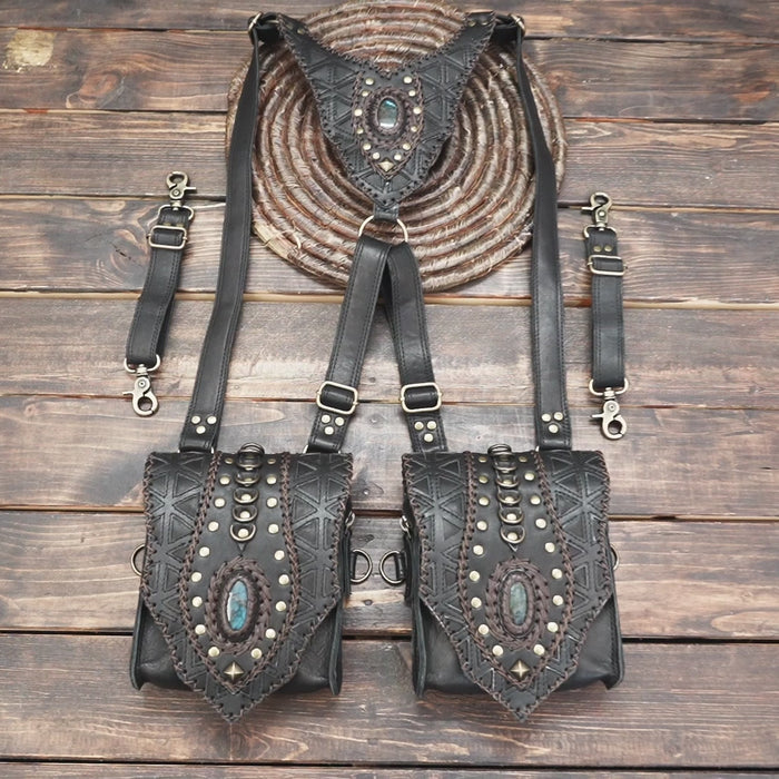 Black leather festival harness with two hip pouches