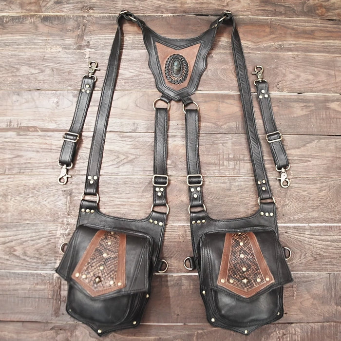Steampunk cotton holster bag with leather accents and rivet details