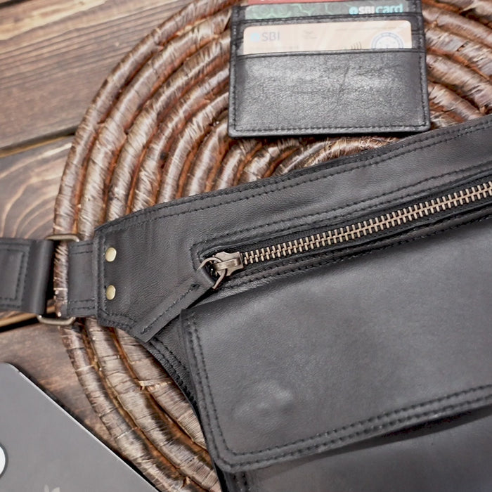 Genuine leather hip pouch with secure zip closure