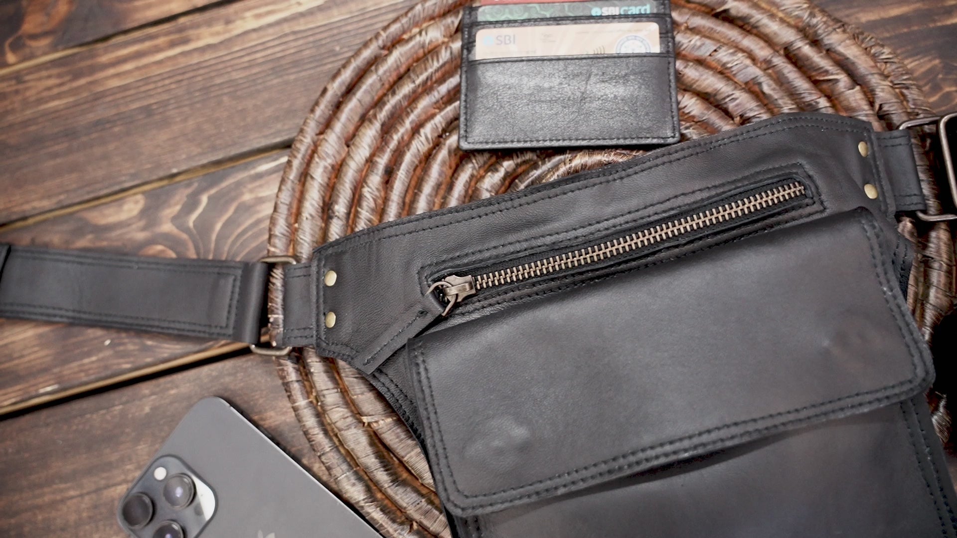 Genuine leather hip pouch with secure zip closure