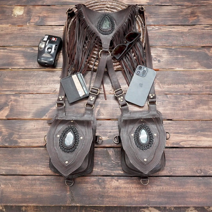 Artisan leather holster bag with gemstone detail and fringe