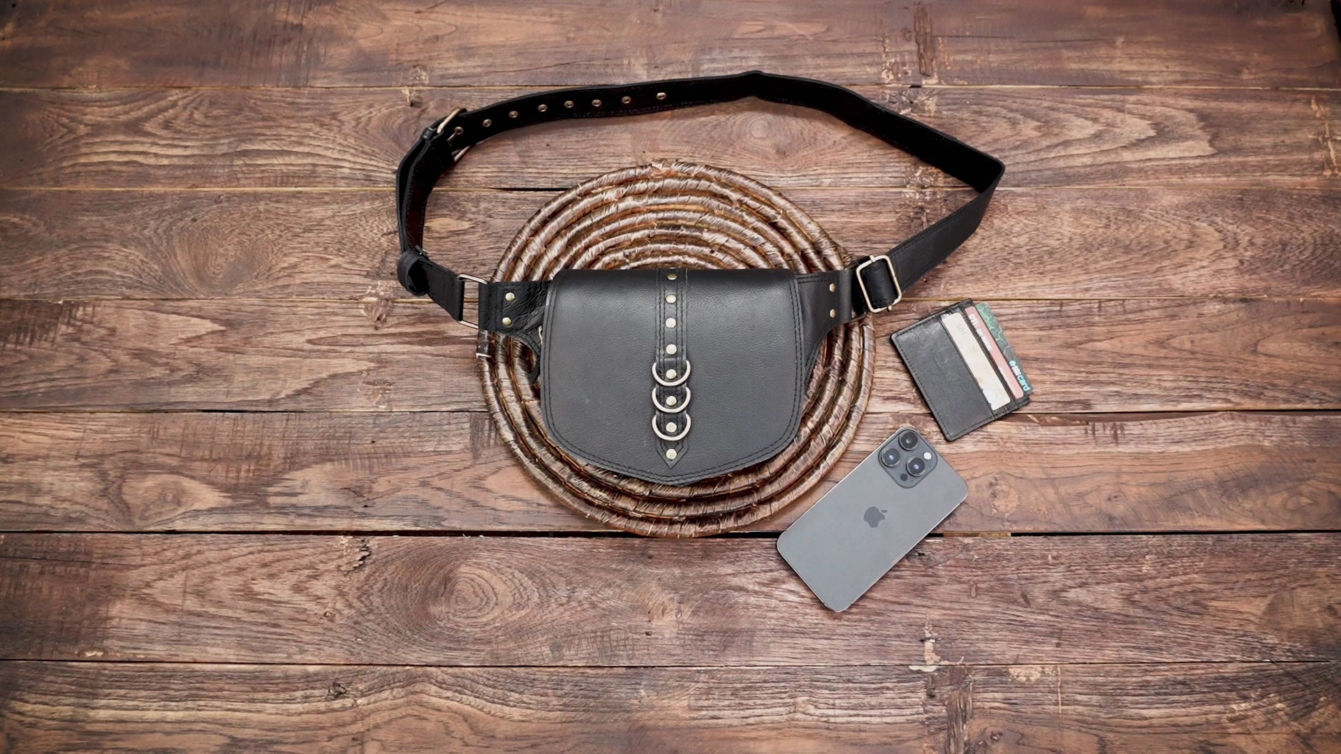 Black Leather Belt Bag: Handmade Minimalist Hip Bag with zipper inside 