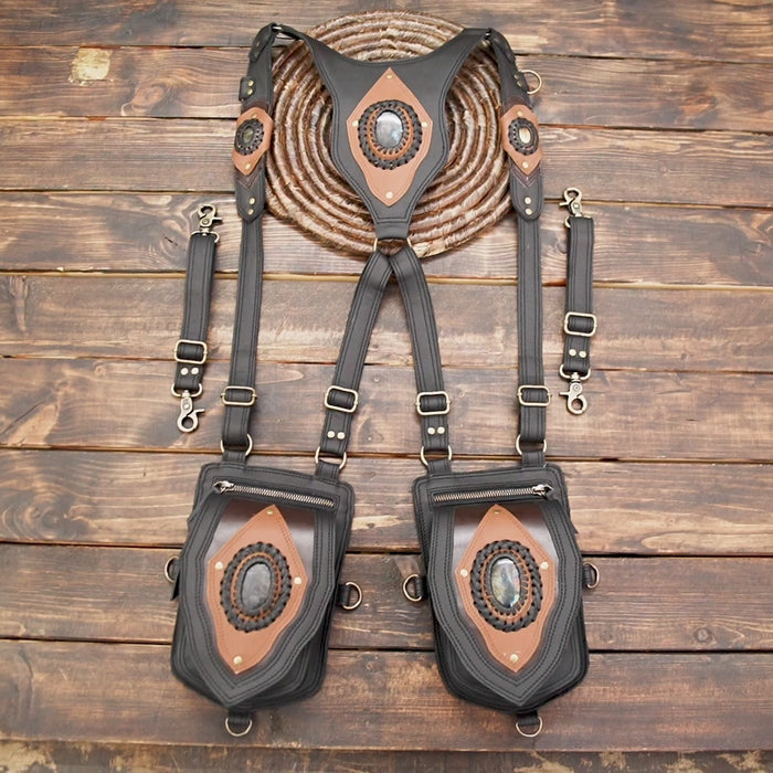 artisan leather shoulder holster bag with oval stone and contrast panels
