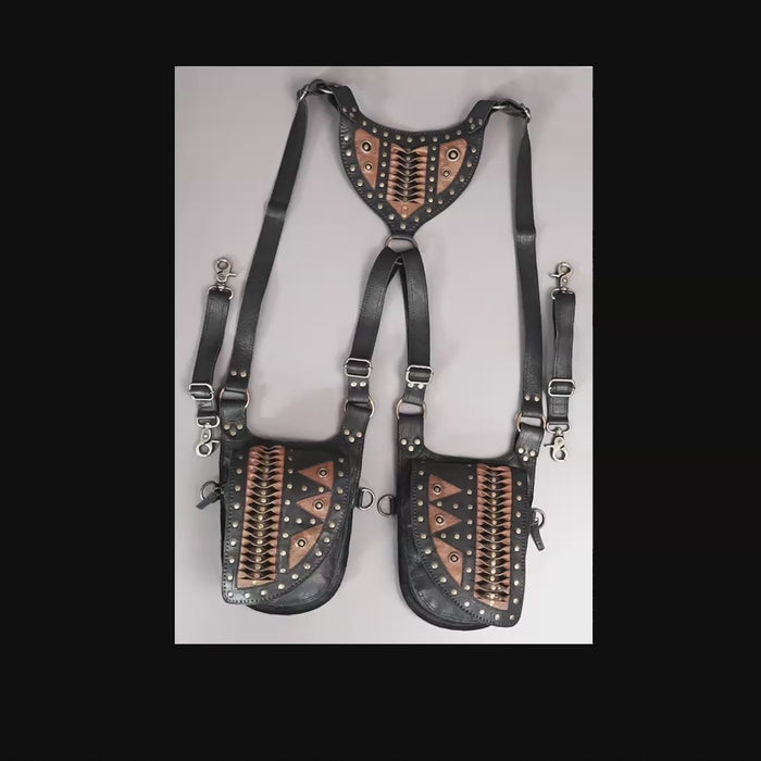 Adjustable leather side holster set with rustic brass hardware