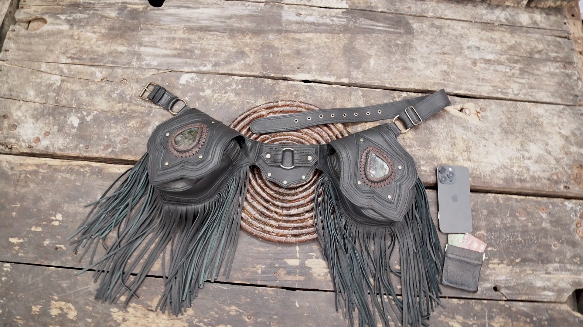 Handmade Black Leather Fringe Waist Bag: Labradorite Gemstone Belt Pouch