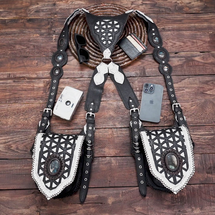 Black Handmade Leather Holster | Gemstone Harness Bag | Unisex Leather Holster Belt | Boho Style WITH WHITE CREATIVITY 