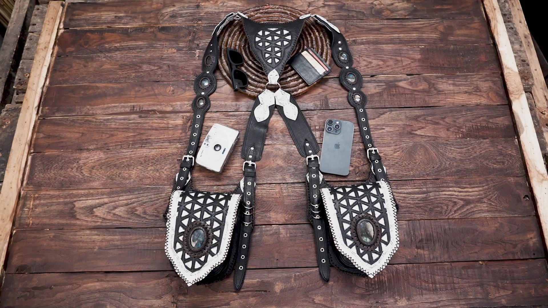 Black Handmade Leather Holster | Gemstone Harness Bag | Unisex Leather Holster Belt | Boho Style WITH WHITE CREATIVITY 