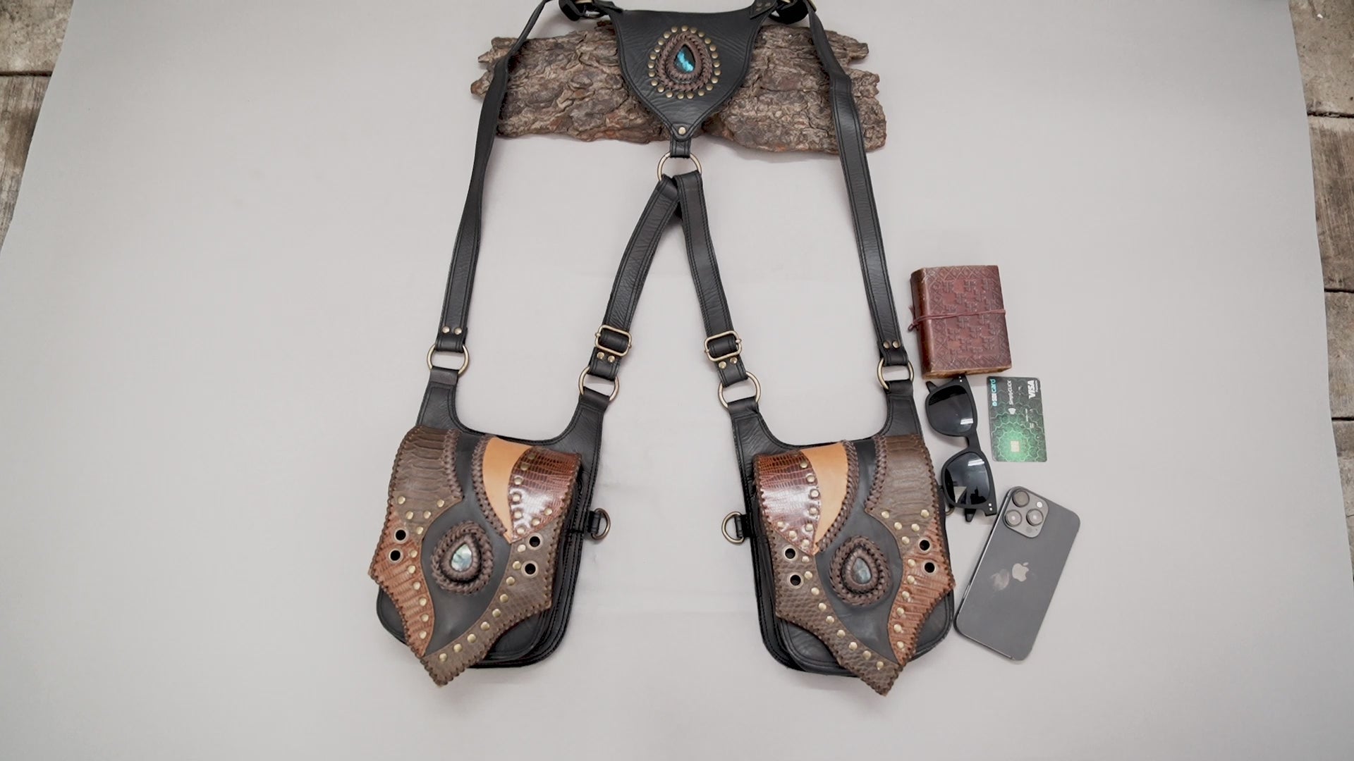 Dual-pouch leather holster with embossed texture and stone accent