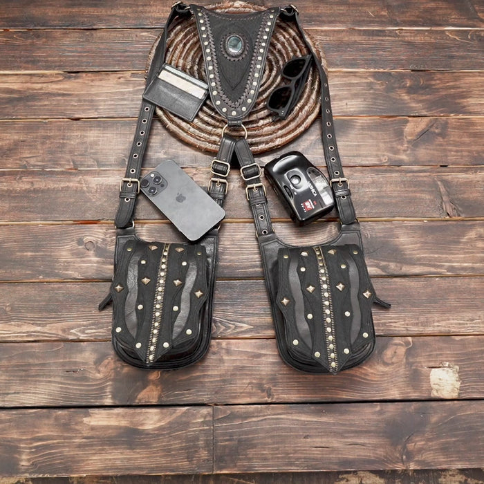 Handmade Leather Holster Belt with Dual Utility Pouches, Steampunk Festival Leather Harness Belt with Gemstone Design, Man Holster , black combination  