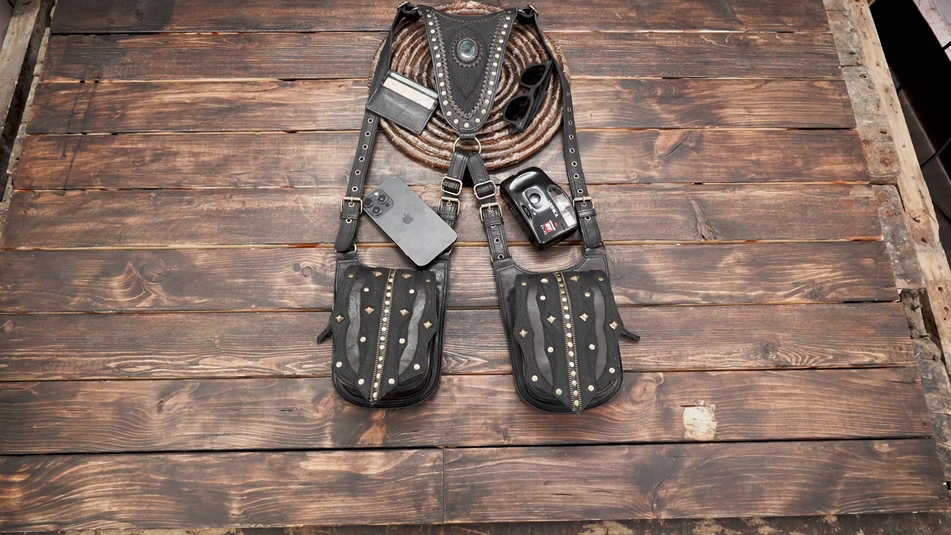 Handmade Leather Holster Belt with Dual Utility Pouches, Steampunk Festival Leather Harness Belt with Gemstone Design, Man Holster , black combination  