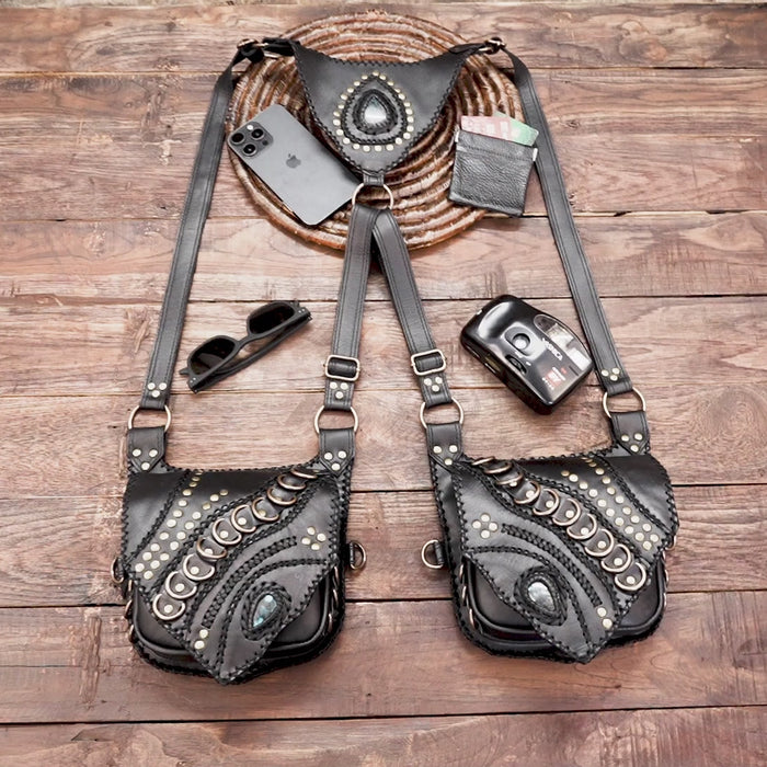 Black Handmade Leather Holster | Gemstone Harness Bag | Unisex Leather Holster Belt | Boho Style 