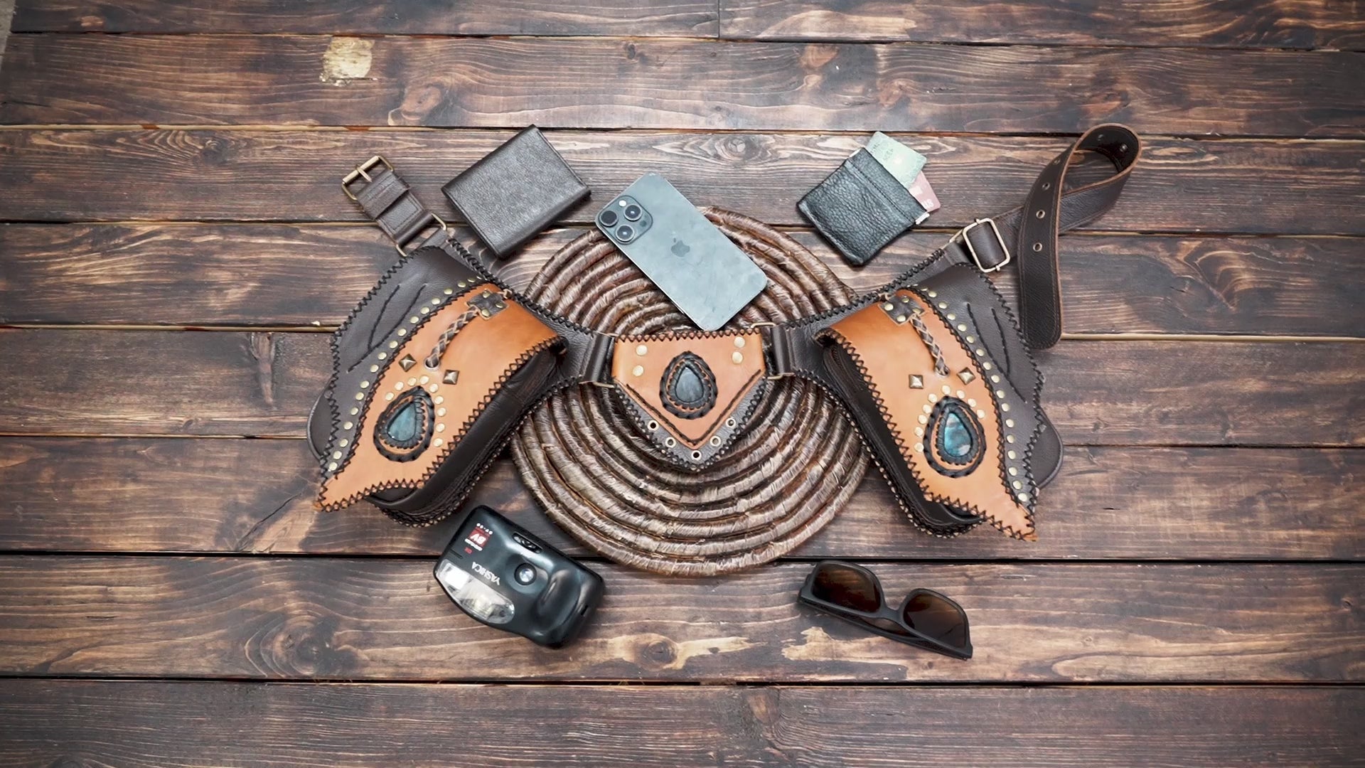brown with design  Handmade Leather Holster | Gemstone Harness Bag | Unisex Leather Holster Belt 