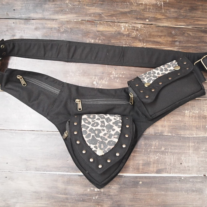 Adjustable cotton hip belt pouch with animal print accents