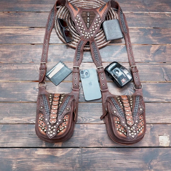“Brown leather shoulder holster bag with carved accents and braided straps”