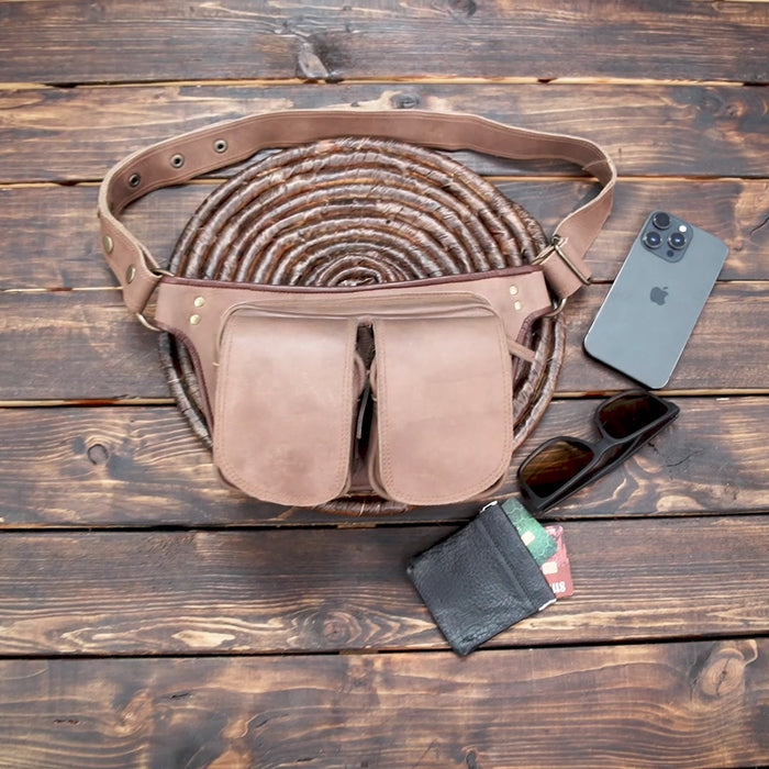 Artisan leather waist belt bag with two front pockets