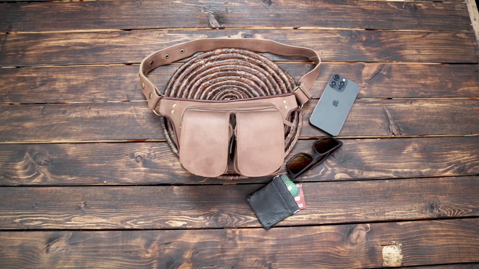 Artisan leather waist belt bag with two front pockets