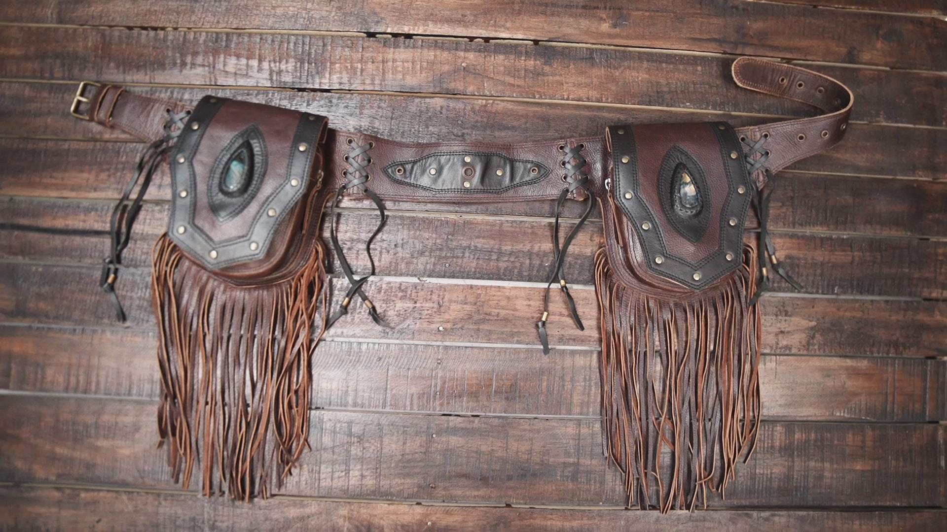 Leather Waist Bag with Gemstone Embellishments || Brown & Black Leather Belt with Dual Pouches (LT-AB-WB-6101)