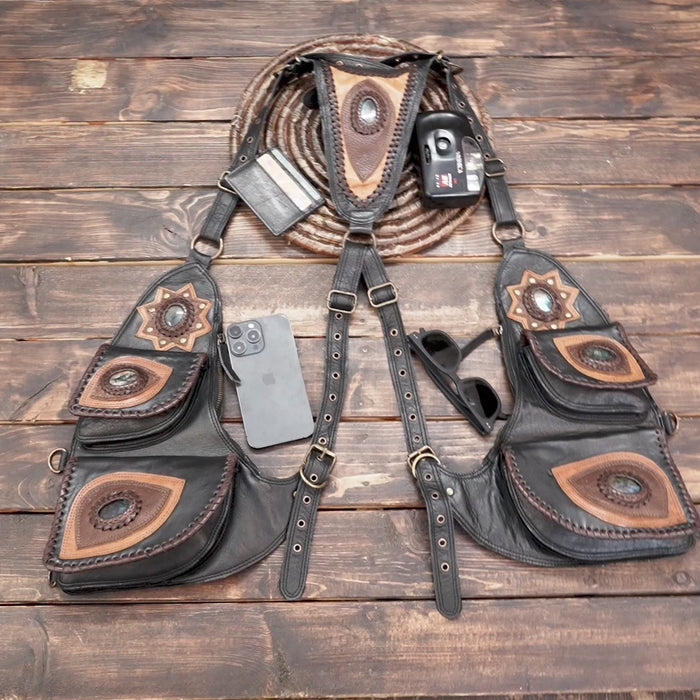 Black & Brown Leather Holster Belt with Gemstones – Steampunk & Gothic Fashion