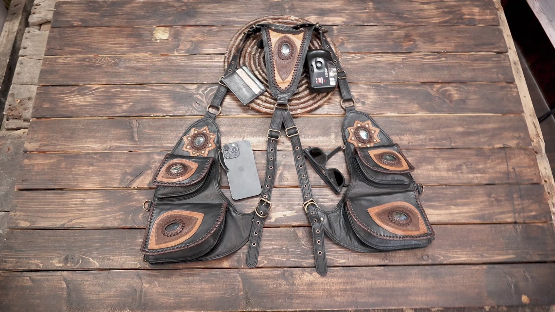 Black & Brown Leather Holster Belt with Gemstones – Steampunk & Gothic Fashion