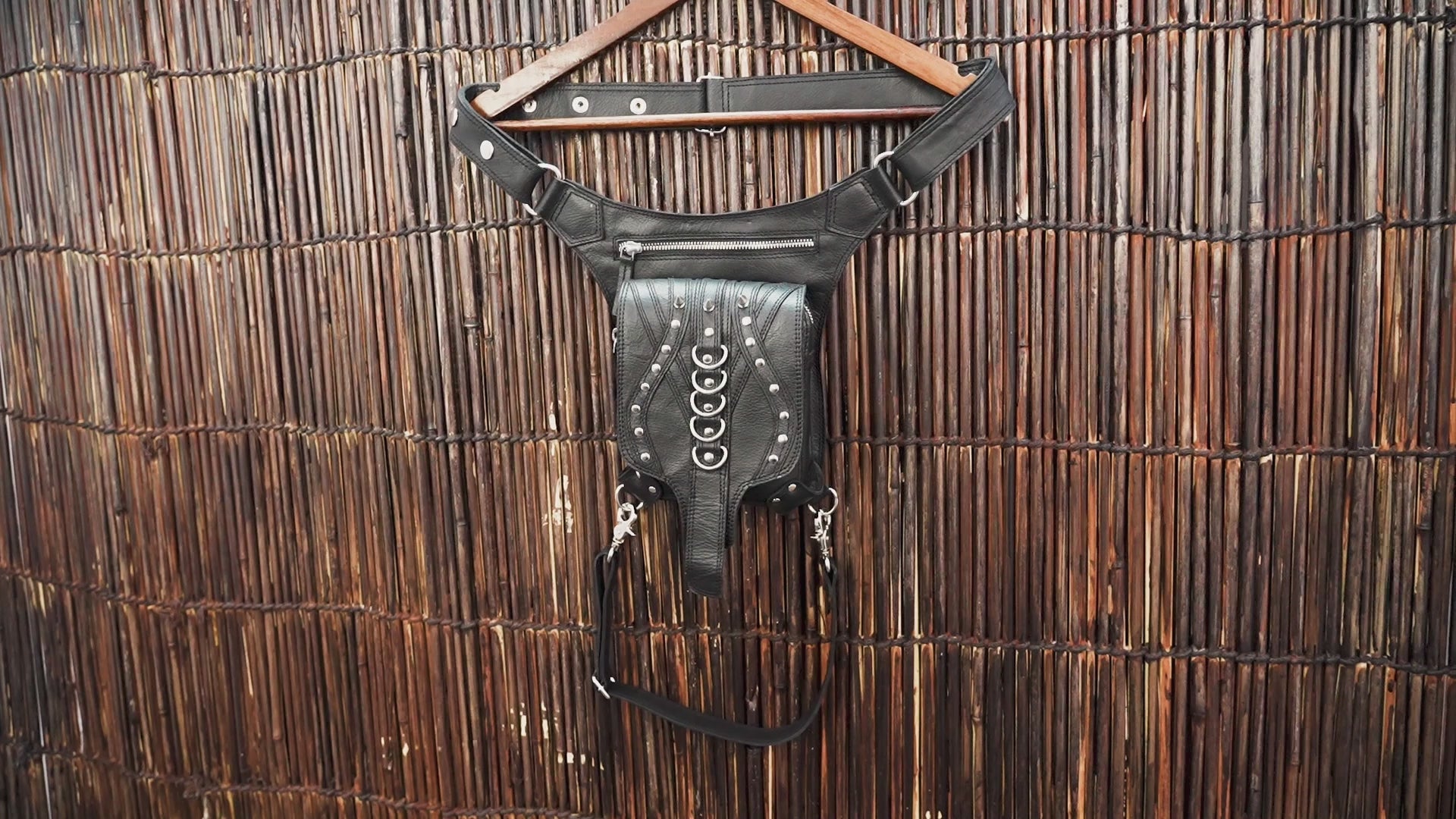 Genuine leather thigh harness belt with zipper pocket and hardware