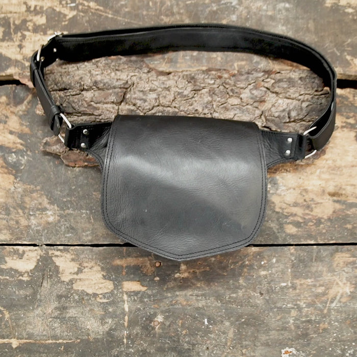 Handmade black leather waist belt with front utility pouch