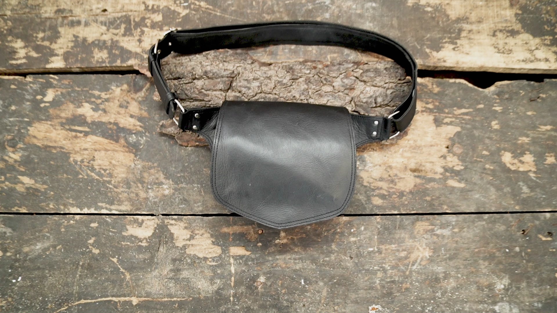 Handmade black leather waist belt with front utility pouch