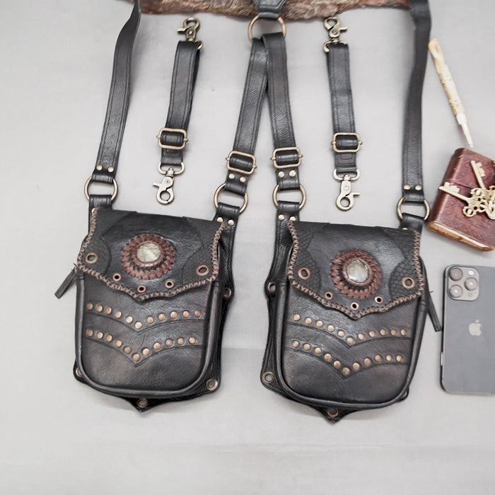 Steampunk style leather shoulder holster with decorative stone detailing
