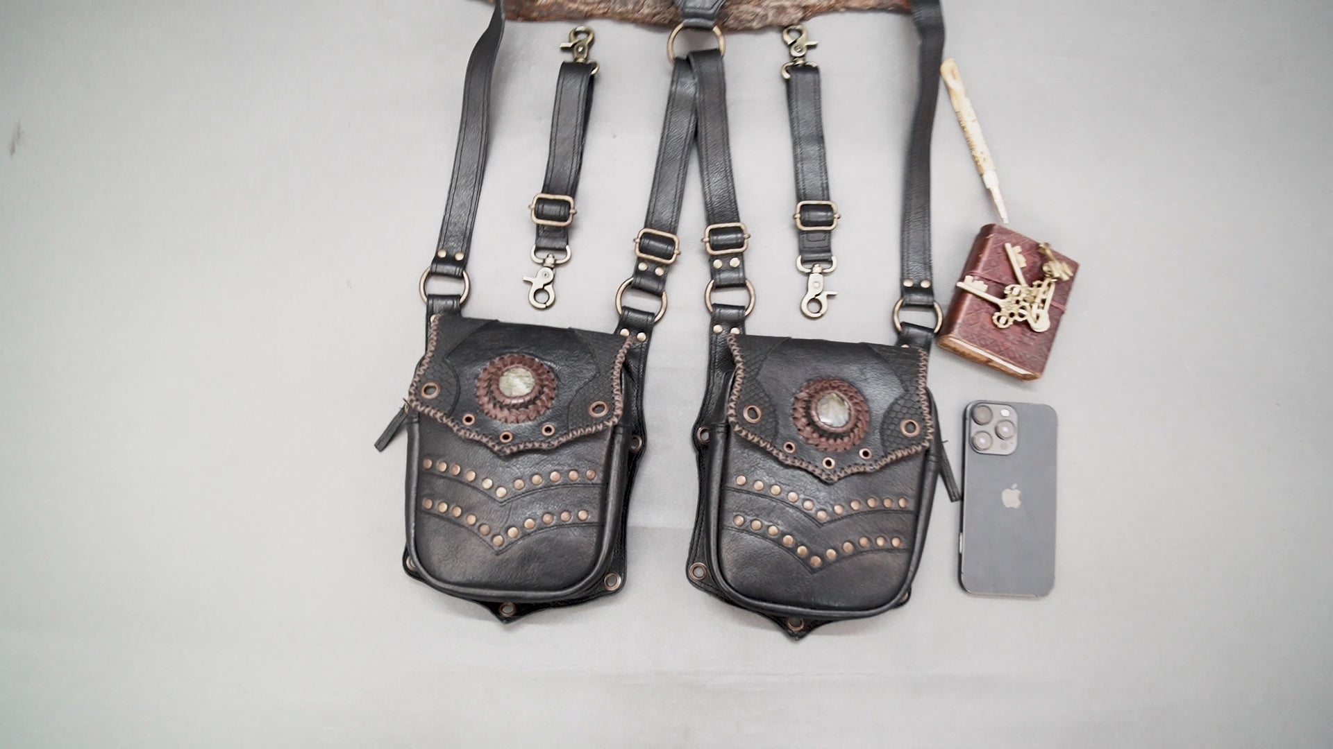 Steampunk style leather shoulder holster with decorative stone detailing