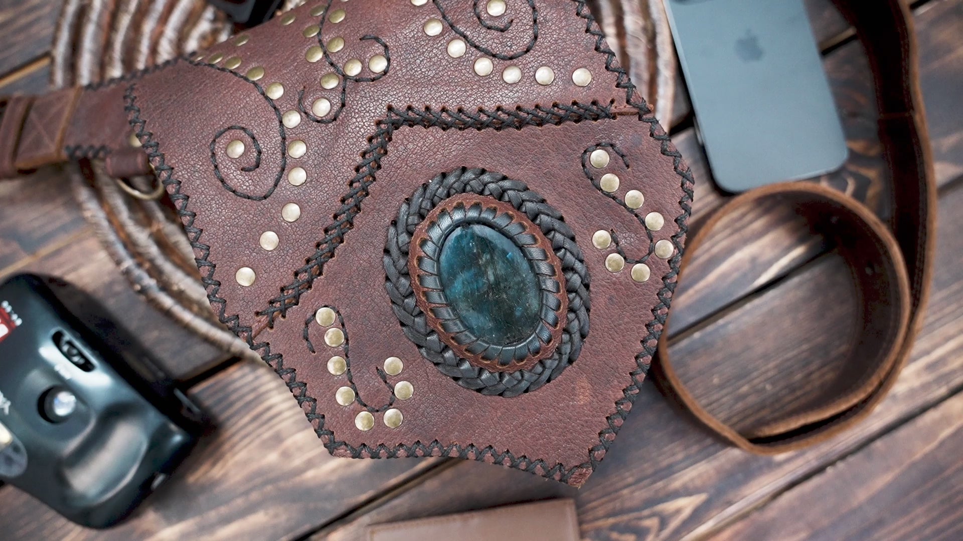 leather waist belt with adjustable buckle and pouch