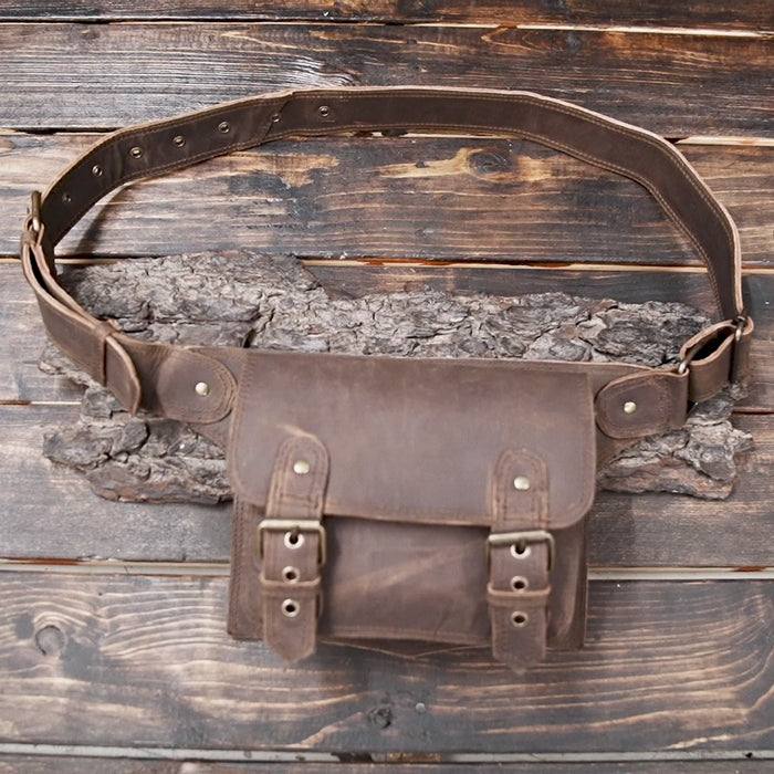 Handmade brown leather waist bag with vintage buckle straps