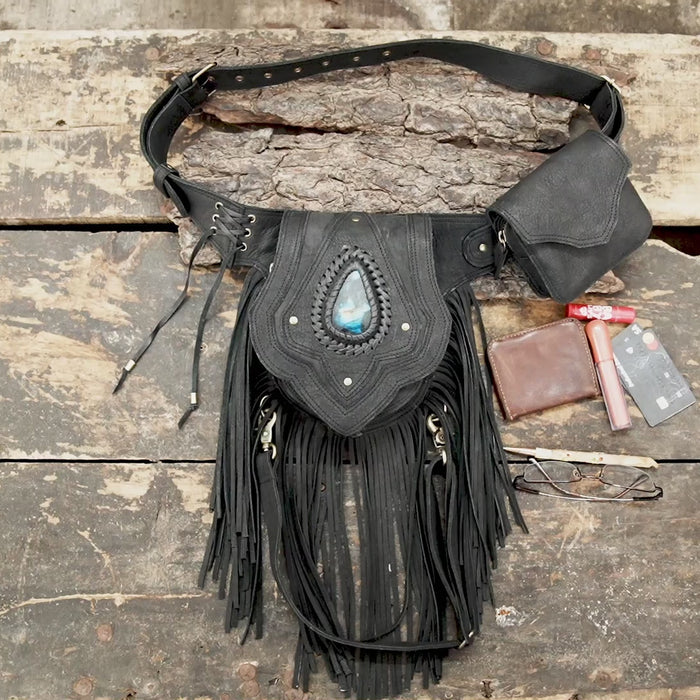 Genuine leather thigh holster with fringe and braided detailing
