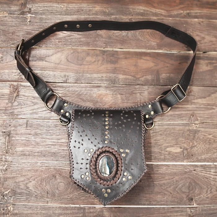 Genuine leather waist belt pouch with teardrop stone centerpiece