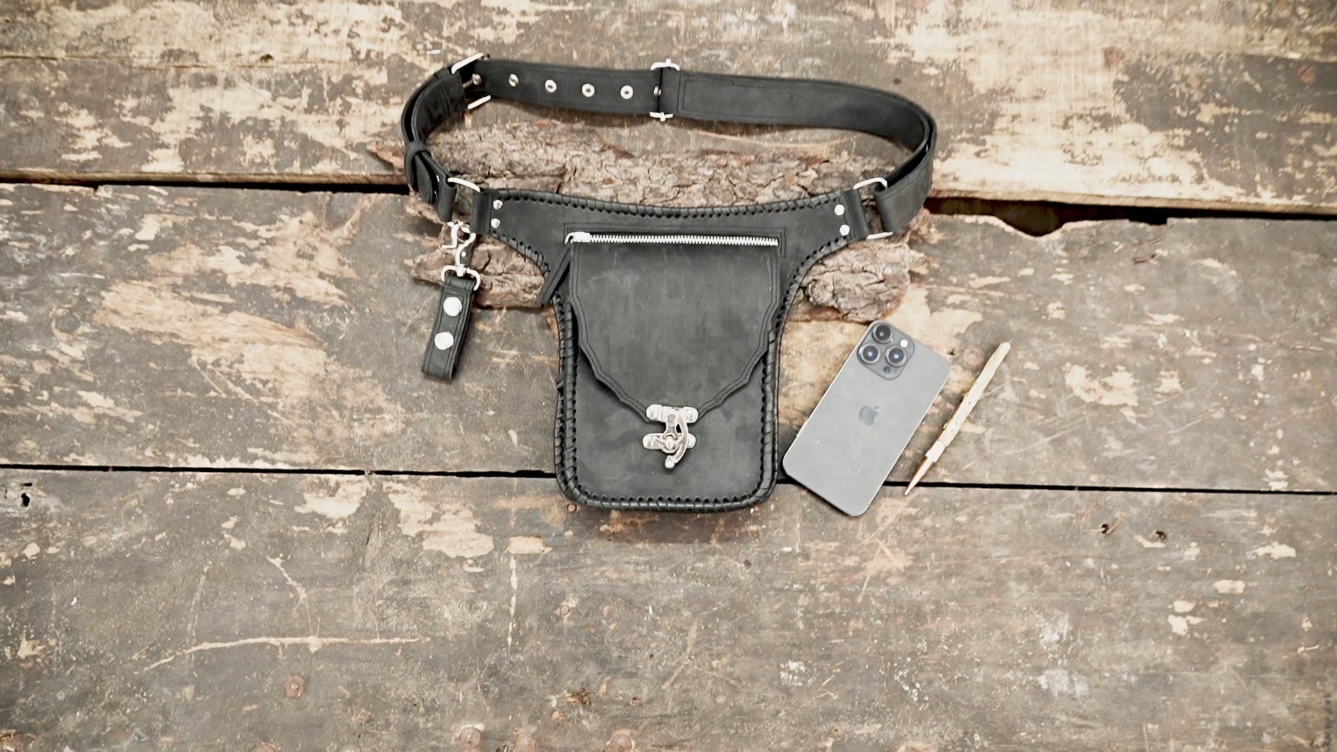 Black Leather Hip Belt Bag – Adjustable Utility Waist Belt