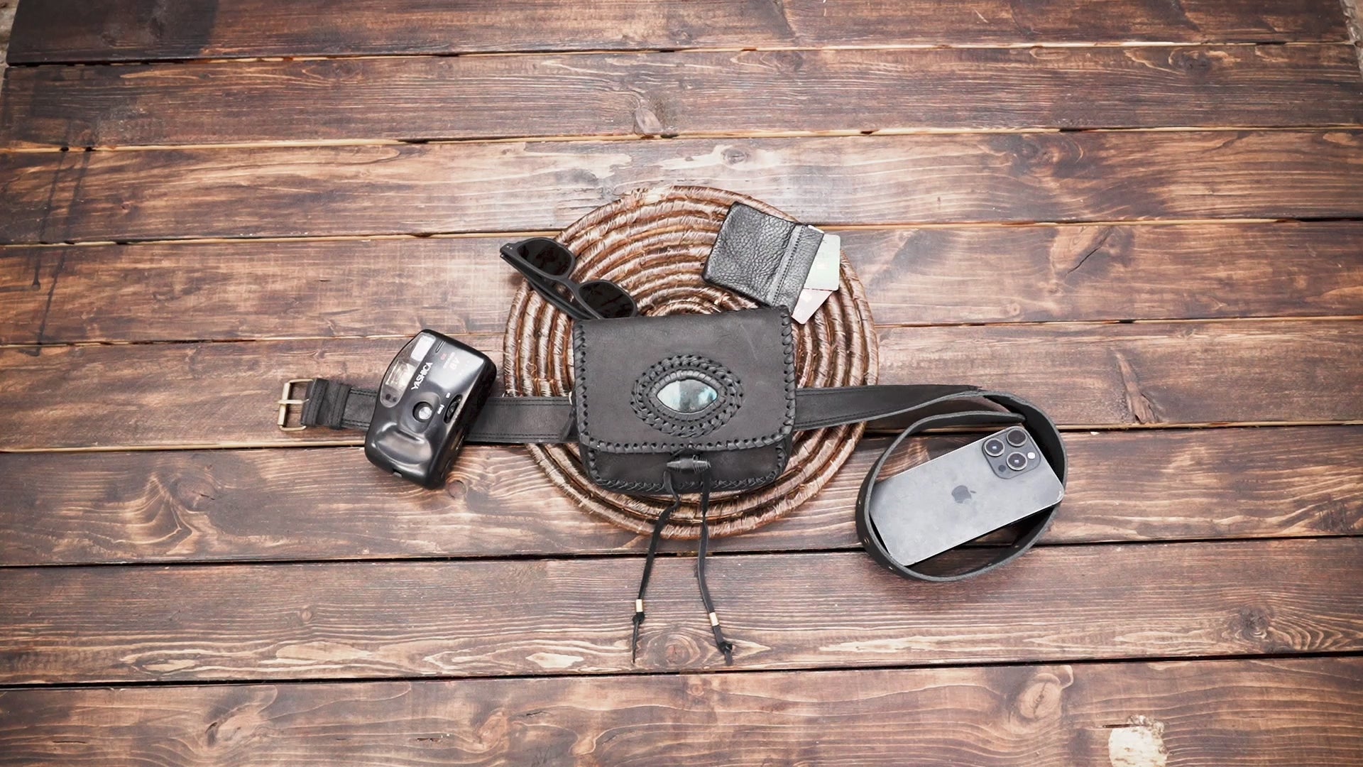 Handmade Black Leather Waist Belt with Labradorite Stone (LT-AB-WB-6163)