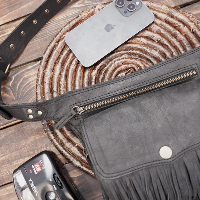Handmade Black Leather Fringe Belt Bag: Festival Hip Pouch