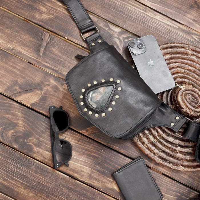Buy Handmade Black Leather Belt Bag: Gemstone Fanny Pack, Tribal Boho Style Online in usa 