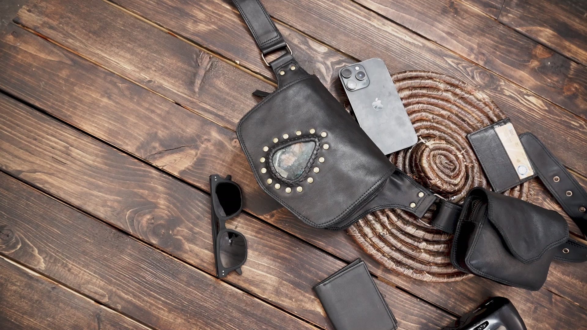 Buy Handmade Black Leather Belt Bag: Gemstone Fanny Pack, Tribal Boho Style Online in usa 