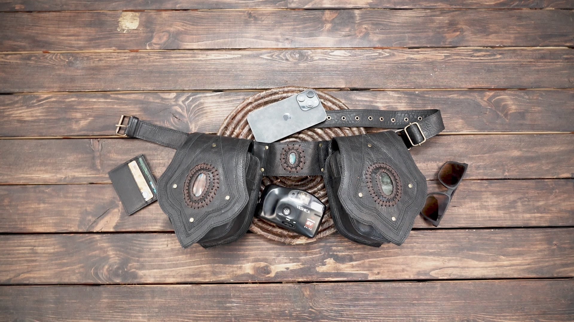 Handmade Black Tribal Leather Waist Belt with labradorite gemstone – Gothic Boho Hip Bag with Stone Accents  (LT-AB-WB-6080)